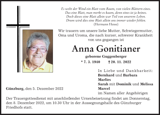 Traueranzeige von Anna Gonitianer von Günzburger Zeitung