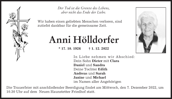 Traueranzeige von Anni Hölldorfer von Augsburg-Land