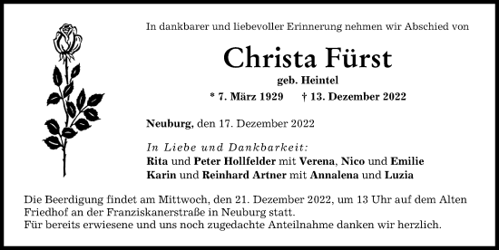 Traueranzeige von Christa Fürst von Neuburger Rundschau