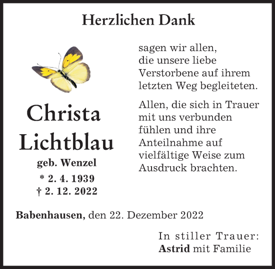 Traueranzeige von Christa Lichtblau von Illertisser Zeitung