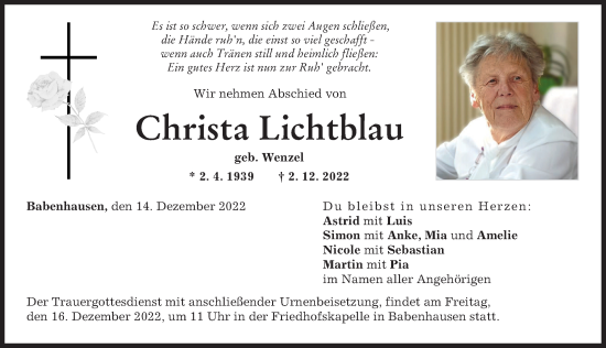 Traueranzeige von Christa Lichtblau von Illertisser Zeitung