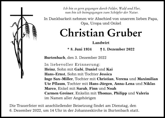 Traueranzeige von Christian Gruber von Günzburger Zeitung