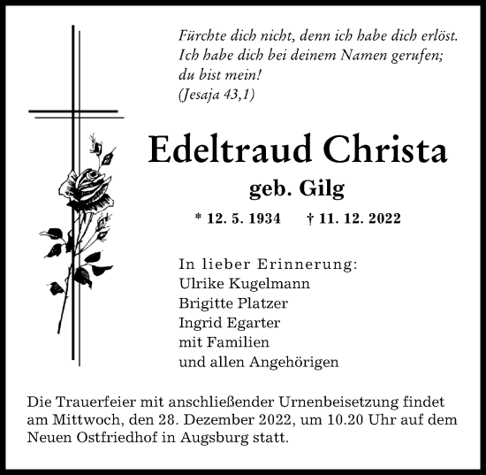 Traueranzeige von Edeltraud Christa von Wertinger Zeitung, Augsburger Allgemeine