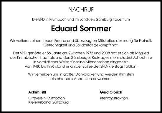 Traueranzeige von Eduard Sommer von Günzburger Zeitung, Mittelschwäbische Nachrichten