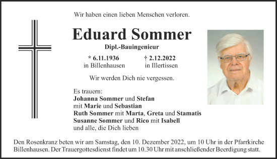Traueranzeige von Eduard Sommer von Mittelschwäbische Nachrichten, Günzburger Zeitung