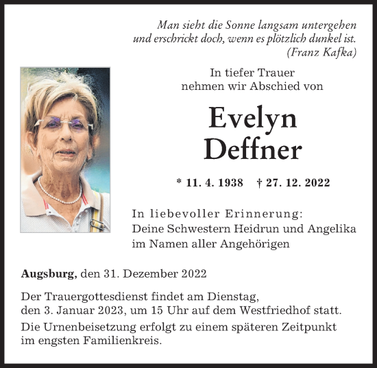 Traueranzeige von Evelyn Deffner von Augsburger Allgemeine