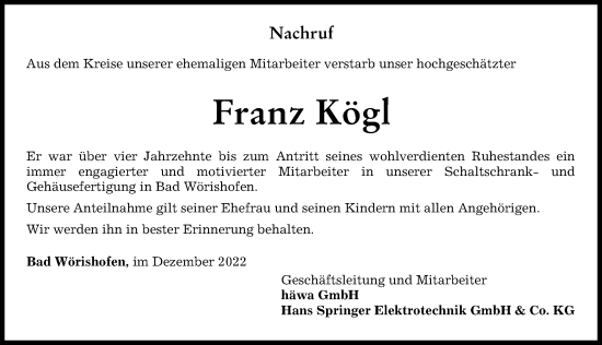 Traueranzeige von Franz Kögl von Mindelheimer Zeitung