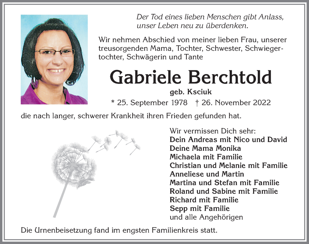  Traueranzeige für Gabriele Berchtold vom 09.12.2022 aus Landsberger Tagblatt, Mindelheimer Zeitung