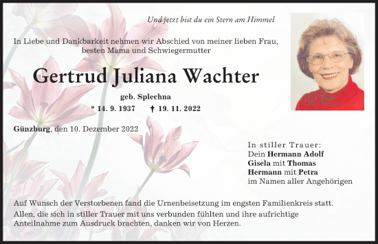 Traueranzeige von Gertrud Juliana Wachter von Günzburger Zeitung