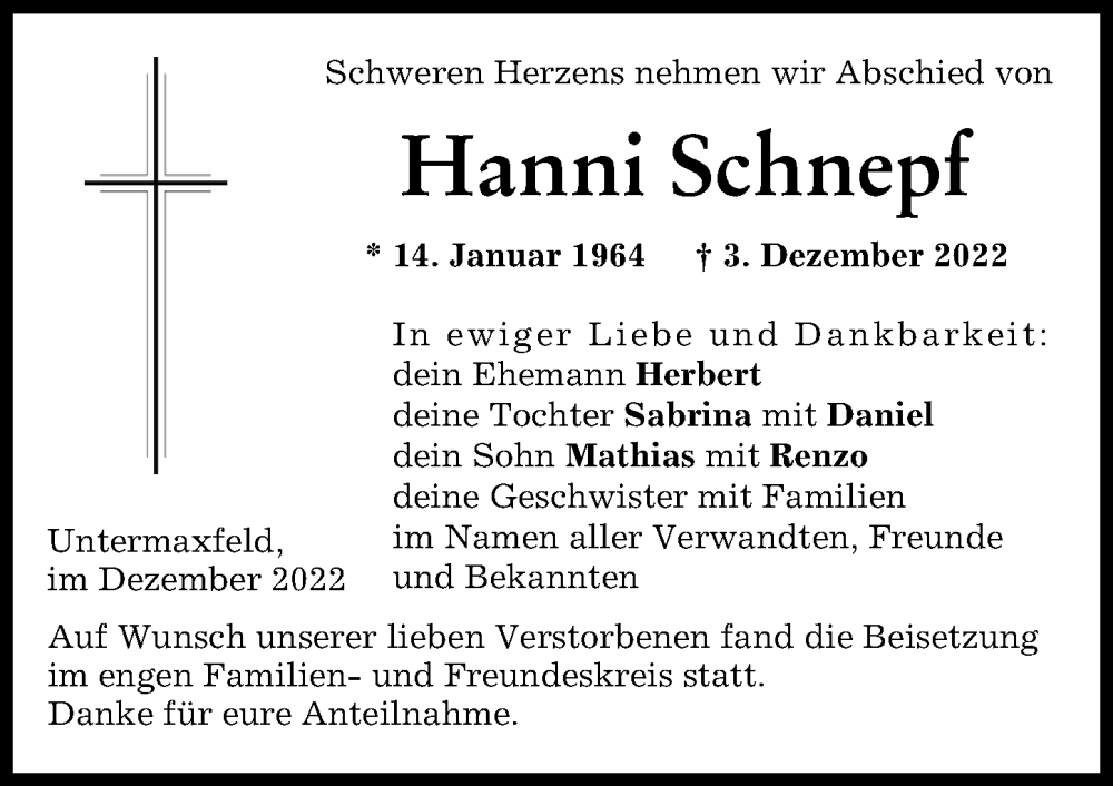  Traueranzeige für Hanni Schnepf vom 17.12.2022 aus Neuburger Rundschau
