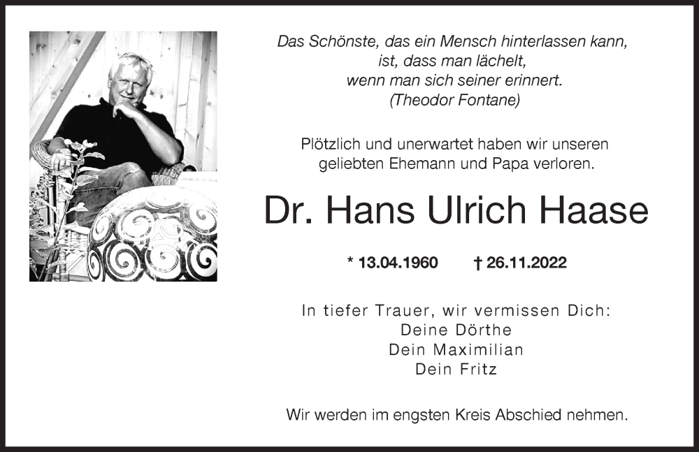  Traueranzeige für Hans Ulrich Haase vom 17.12.2022 aus Landsberger Tagblatt