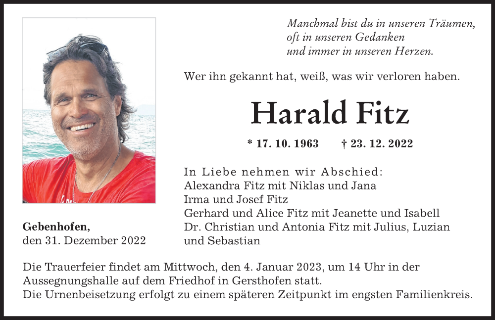  Traueranzeige für Harald Fitz vom 31.12.2022 aus Augsburger Allgemeine