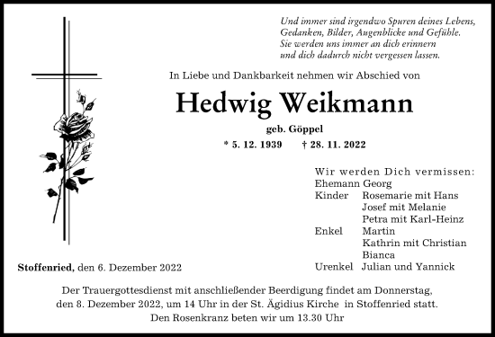 Traueranzeige von Hedwig Weikmann von Mittelschwäbische Nachrichten, Günzburger Zeitung