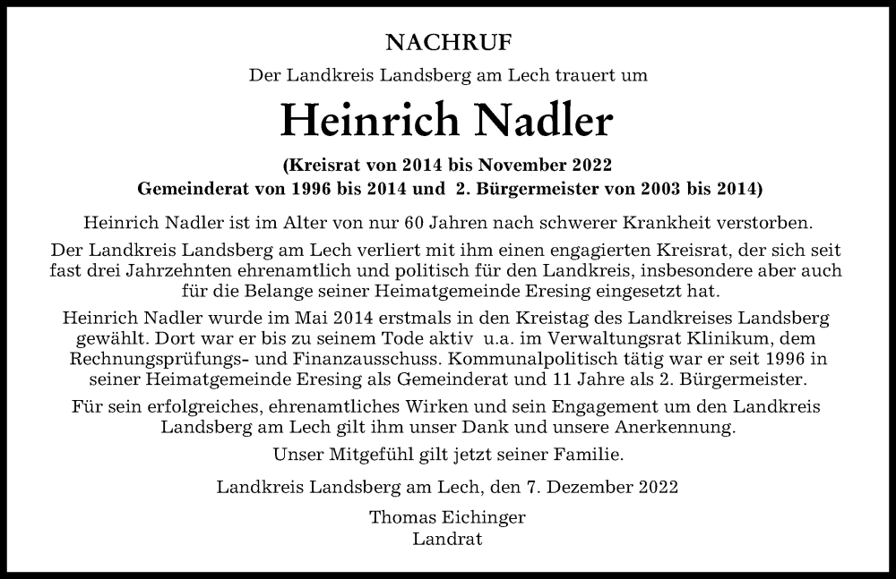  Traueranzeige für Heinrich Nadler vom 07.12.2022 aus Landsberger Tagblatt