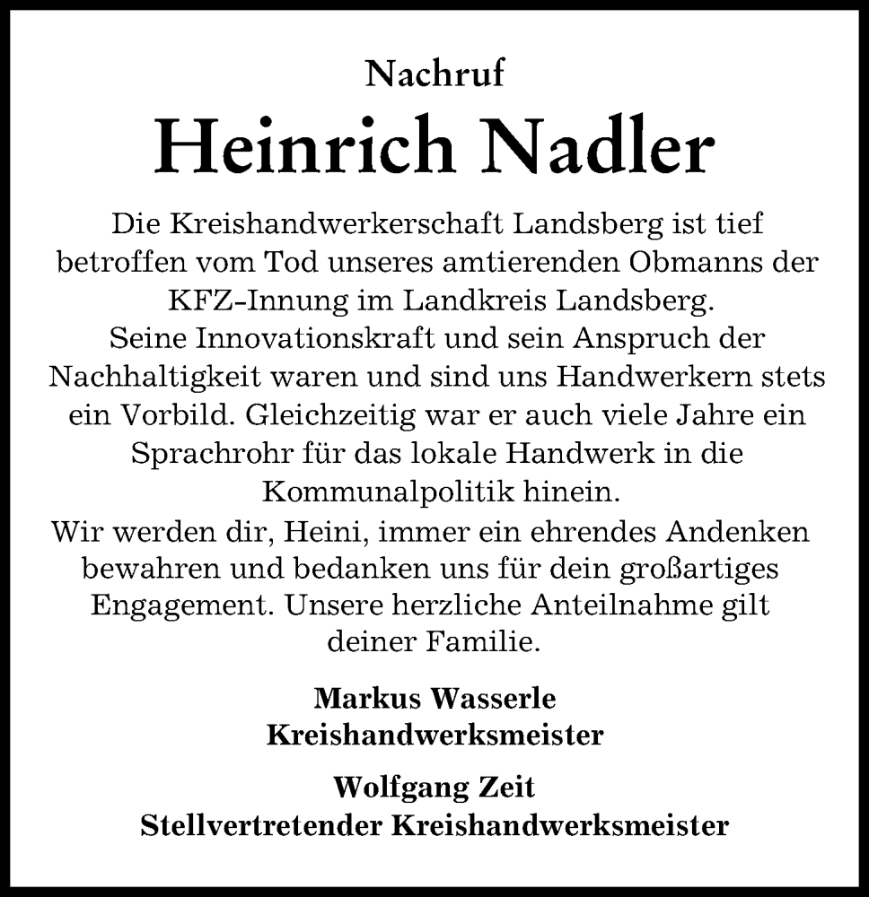  Traueranzeige für Heinrich Nadler vom 07.12.2022 aus Landsberger Tagblatt