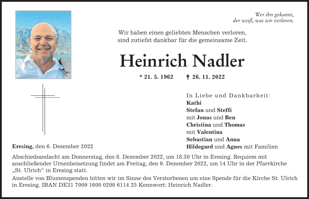  Traueranzeige für Heinrich Nadler vom 06.12.2022 aus Landsberger Tagblatt