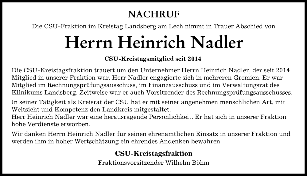  Traueranzeige für Heinrich Nadler vom 07.12.2022 aus Landsberger Tagblatt