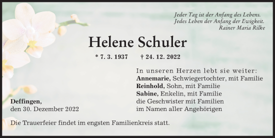 Traueranzeige von Helene Schuler von Günzburger Zeitung