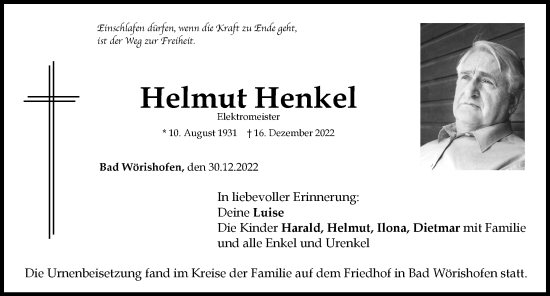 Traueranzeige von Helmut Henkel von Mindelheimer Zeitung