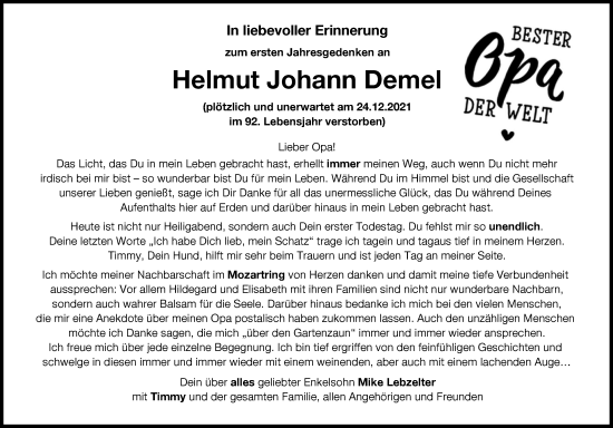 Traueranzeige von Helmut Johann Demel von Günzburger Zeitung