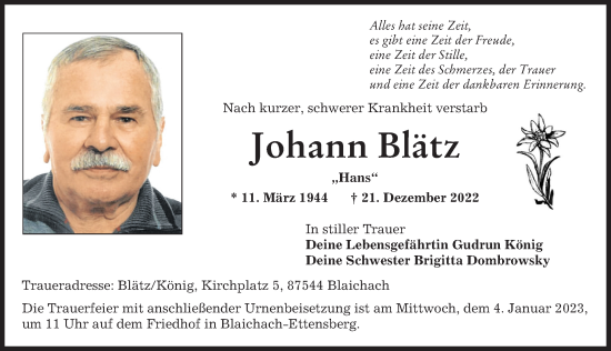 Traueranzeige von Johann Blätz von Landsberger Tagblatt