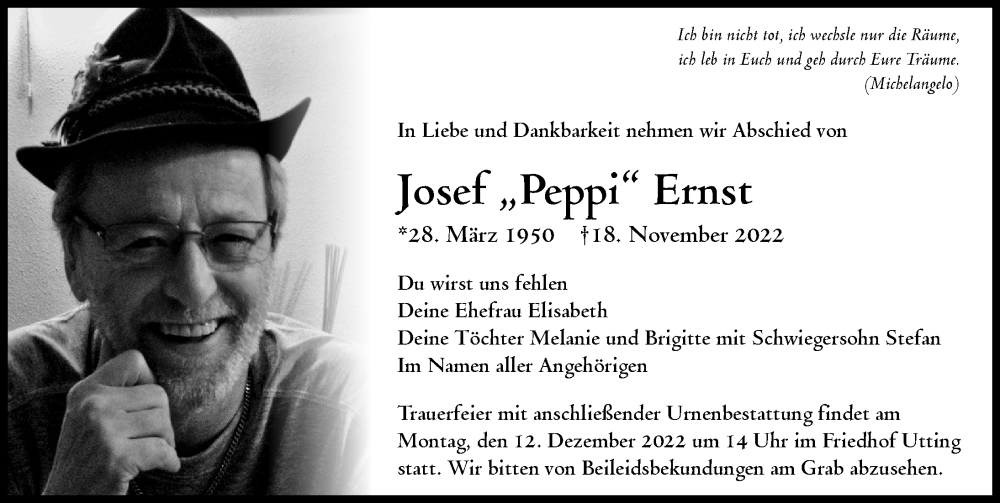  Traueranzeige für Josef Ernst vom 06.12.2022 aus Ammersee Kurier, Landsberger Tagblatt