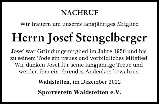 Traueranzeige von Josef Stengelberger von Günzburger Zeitung