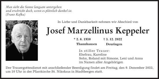 Traueranzeige von Josef Marzellinus Keppeler von Augsburger Allgemeine