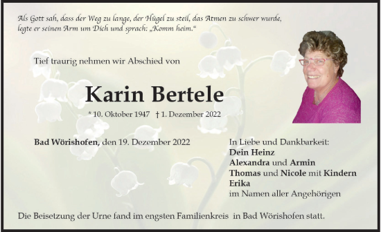 Traueranzeige von Karin Bertele von Mindelheimer Zeitung