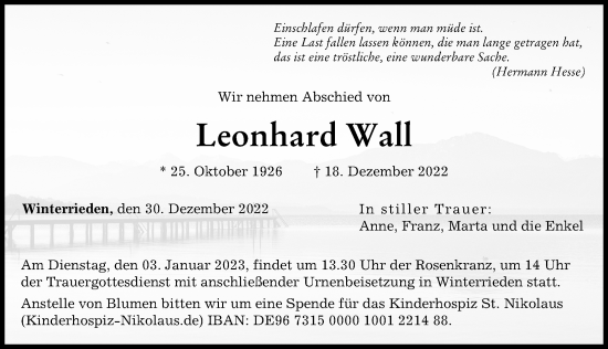 Traueranzeige von Leonhard Wall von Augsburger Allgemeine, Illertisser Zeitung