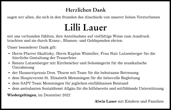 Traueranzeige von Lilli Lauer von Mindelheimer Zeitung