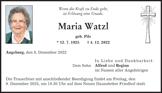 Traueranzeige von Maria Watzl von Augsburger Allgemeine
