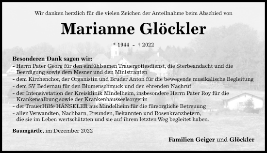 Traueranzeige von Marianne Glöckler von Mindelheimer Zeitung