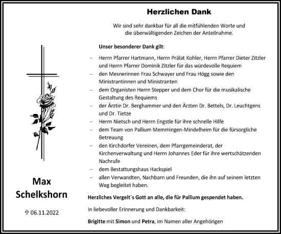 Traueranzeige von Max Schelkshorn von Mindelheimer Zeitung