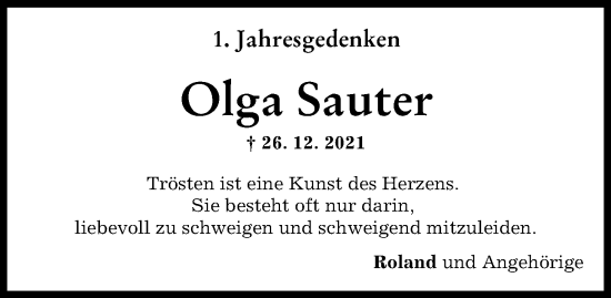 Traueranzeige von Olga Sauter von Günzburger Zeitung