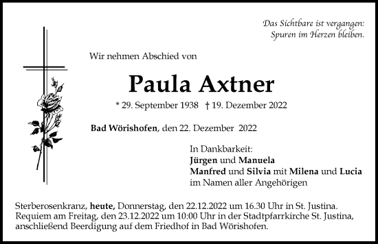 Traueranzeige von Paula Axtner von Mindelheimer Zeitung