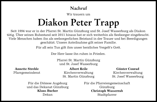 Traueranzeige von Peter Trapp von Günzburger Zeitung