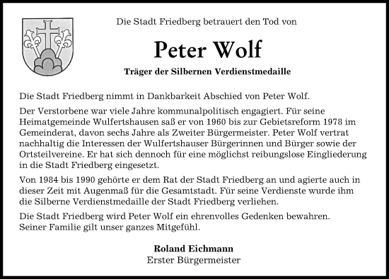 Traueranzeige von Peter Wolf von Friedberger Allgemeine