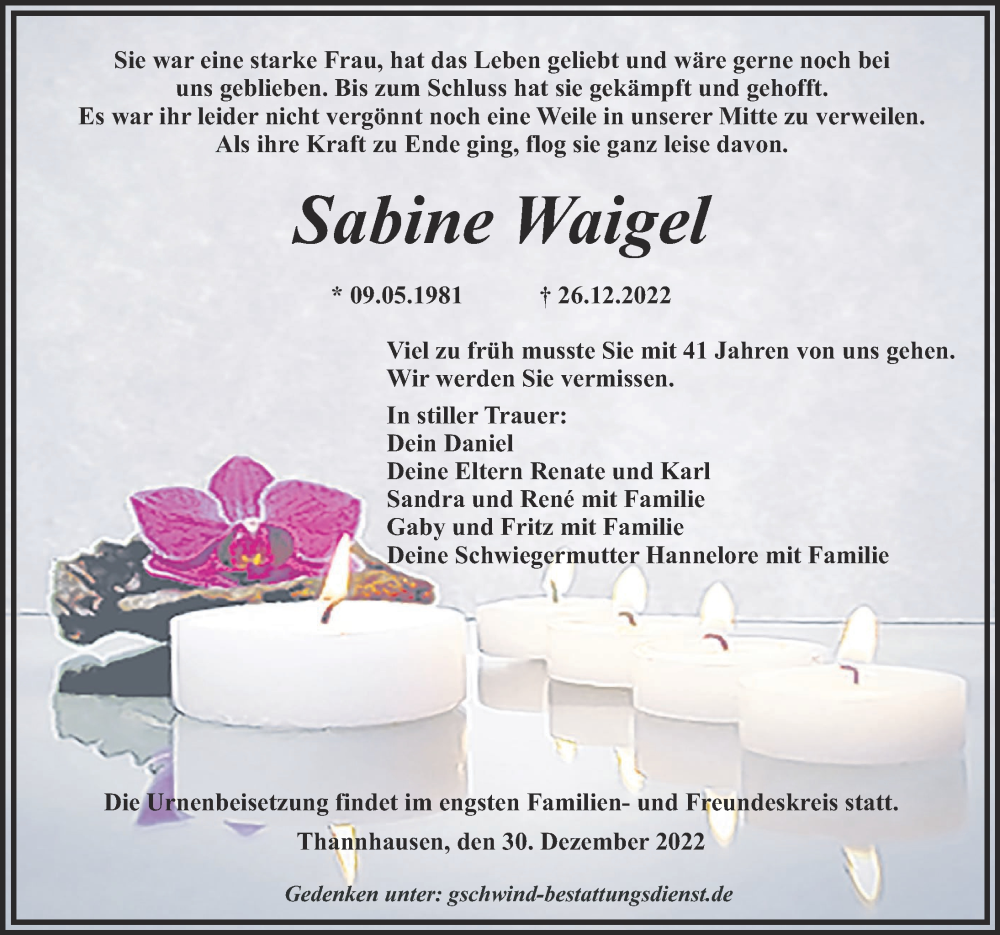  Traueranzeige für Sabine Waigel vom 30.12.2022 aus Mittelschwäbische Nachrichten