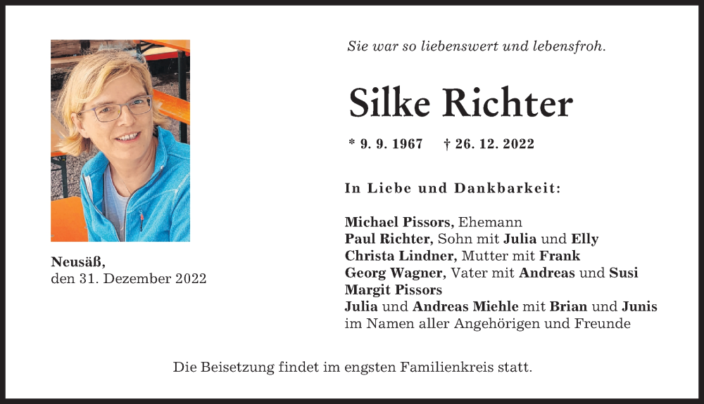  Traueranzeige für Silke Richter vom 31.12.2022 aus Augsburger Allgemeine