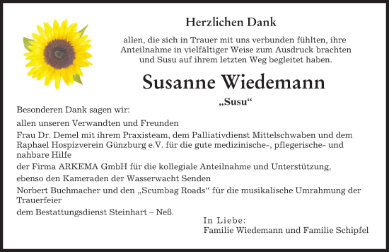 Traueranzeige von Susanne Wiedemann von Günzburger Zeitung