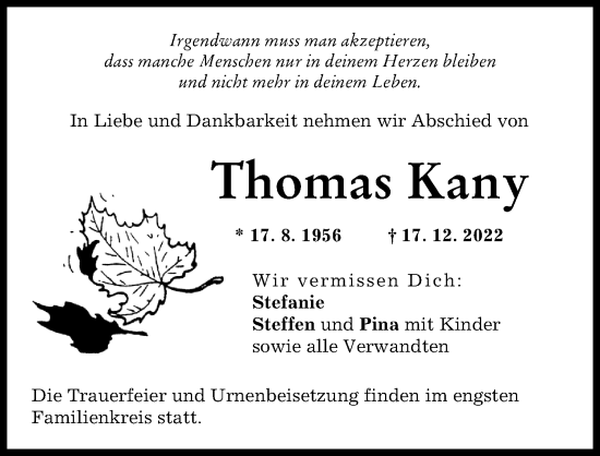 Traueranzeige von Thomas Kany von Günzburger Zeitung
