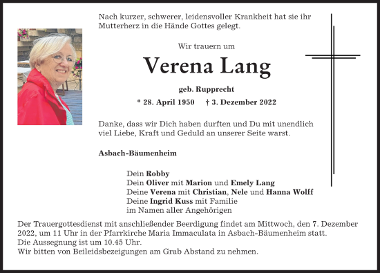 Traueranzeige von Verena Lang von Donauwörther Zeitung