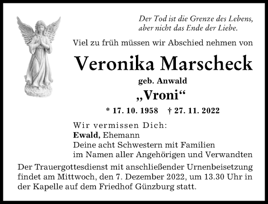 Traueranzeige von Veronika Marscheck von Günzburger Zeitung
