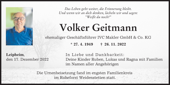 Traueranzeige von Volker Geitmann von Günzburger Zeitung