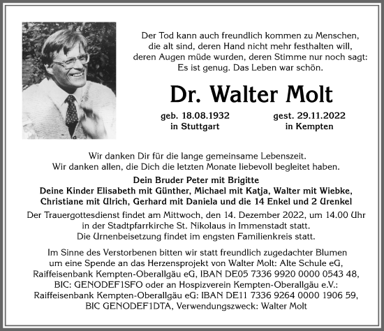 Traueranzeige von Walter Molt von Augsburger Allgemeine