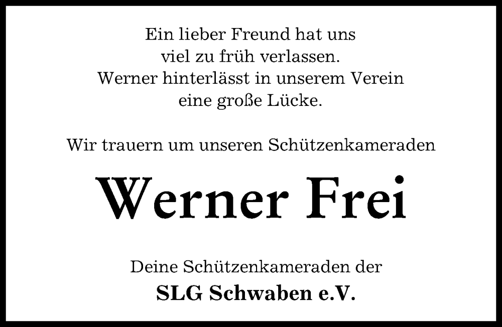  Traueranzeige für Werner Frei vom 27.12.2022 aus Donau Zeitung