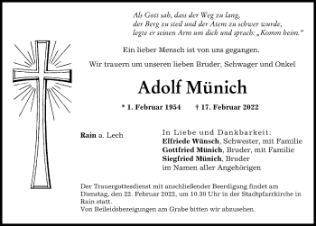 Traueranzeige von Adolf Münich von Donauwörther Zeitung