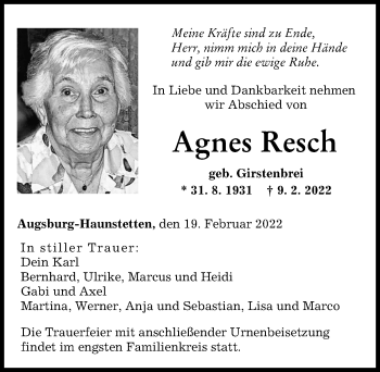 Traueranzeige von Agnes Resch von Augsburger Allgemeine