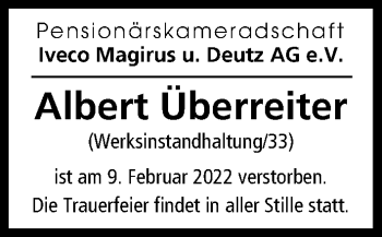 Traueranzeige von Albert Überreiter von Illertisser Zeitung, Günzburger Zeitung, Neu-Ulmer Zeitung
